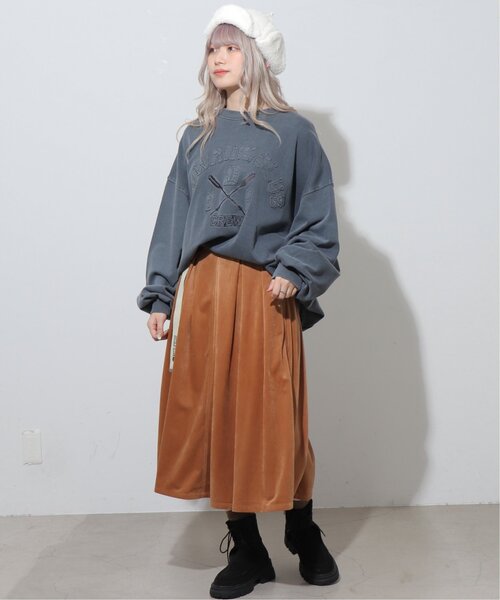 DOUBLE NAME（ダブルネーム）の「ベロア微配色ステッチフレアスカート（スカート・レディース・キナリ/ブラウン/ブラック・FREE）」の14枚目の写真