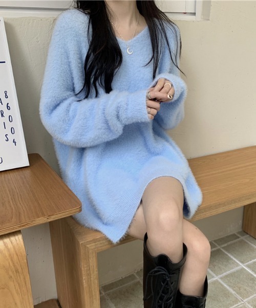 FREE STYLISTS(フリー スタイリスト)の「YUGA_YGMC Vネック シャギーボア ミニワンピース(ワンピース・レディース・ホワイト/レッド/ライトブルー/ブラック/ベージュ・FREE)」の5枚目の写真