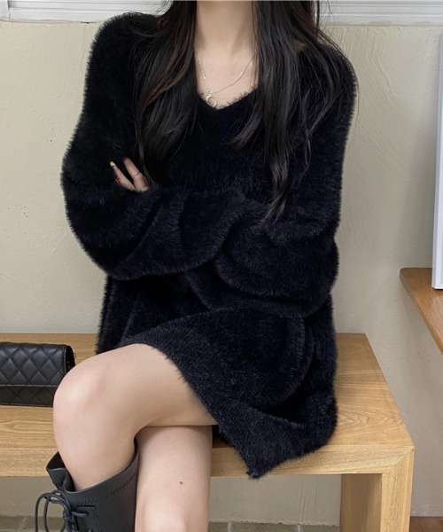 FREE STYLISTS(フリー スタイリスト)の「YUGA_YGMC Vネック シャギーボア ミニワンピース(ワンピース・レディース・ホワイト/レッド/ライトブルー/ブラック/ベージュ・FREE)」の10枚目の写真