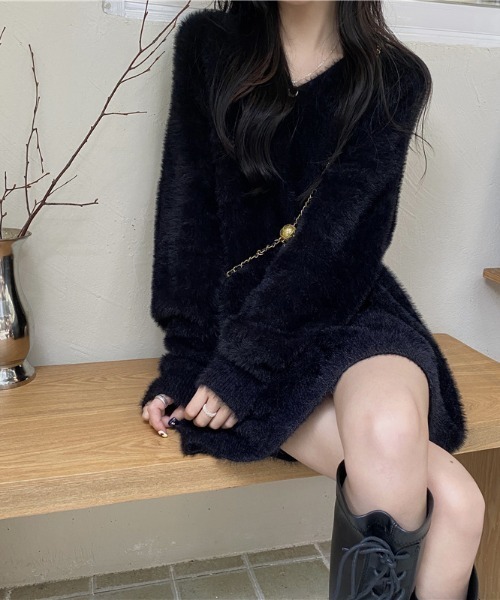 FREE STYLISTS(フリー スタイリスト)の「YUGA_YGMC Vネック シャギーボア ミニワンピース(ワンピース・レディース・ホワイト/レッド/ライトブルー/ブラック/ベージュ・FREE)」の8枚目の写真