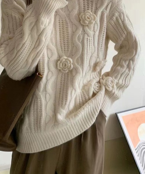 Primazel（プリマゼル）の「フラワーニットコサージュセーター（ニット/セーター・レディース・アイボリー/モカ・M）」の12枚目の写真