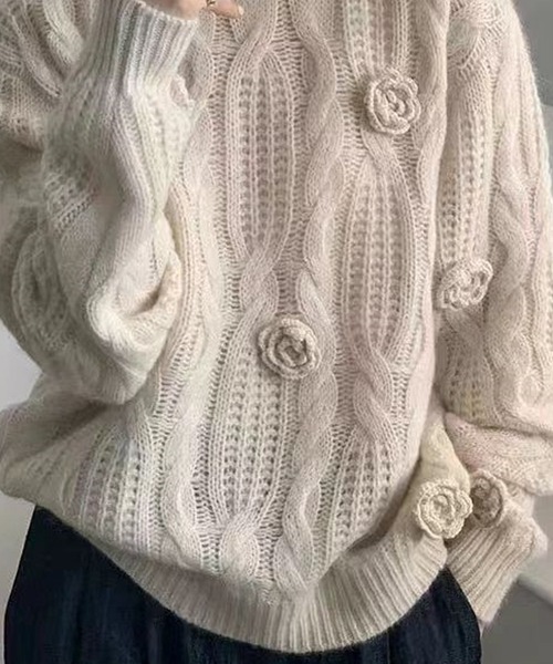 Primazel（プリマゼル）の「フラワーニットコサージュセーター（ニット/セーター・レディース・アイボリー/モカ・M）」の3枚目の写真