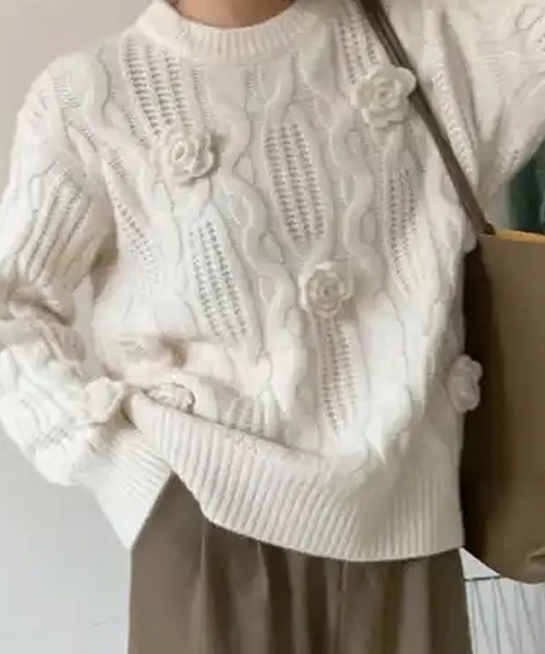 Primazel（プリマゼル）の「フラワーニットコサージュセーター（ニット/セーター・レディース・アイボリー/モカ・M）」の6枚目の写真