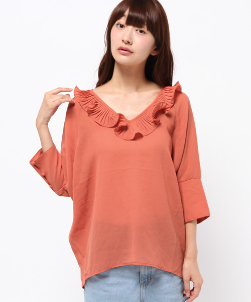 mystic（ミスティック）の「【mystic】衿フリルVプルオーバー（シャツ/ブラウス・レディース・レンガ/カーキ/ブラック・ﾌﾘ-）」の3枚目の写真