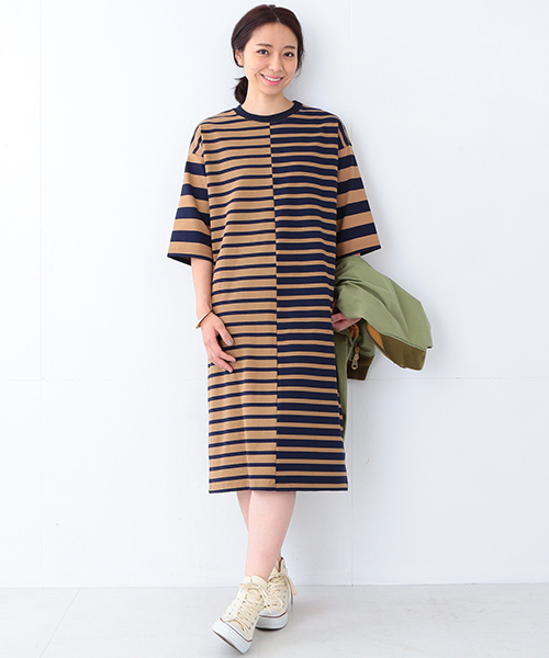 Ray BEAMS(レイビームス)の「Ray BEAMS / ボーダー アシメ キリカエ ワンピース(ワンピース・レディース・オフホワイト/ベージュ・ONE SIZE)」の2枚目の写真