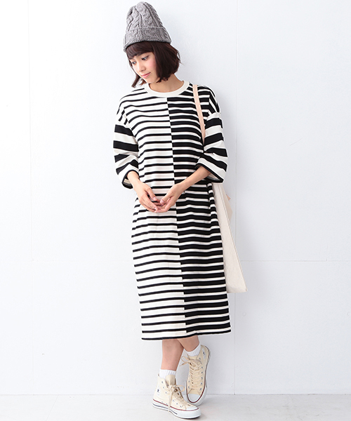 Ray BEAMS(レイビームス)の「Ray BEAMS / ボーダー アシメ キリカエ ワンピース(ワンピース・レディース・オフホワイト/ベージュ・ONE SIZE)」の1枚目の写真