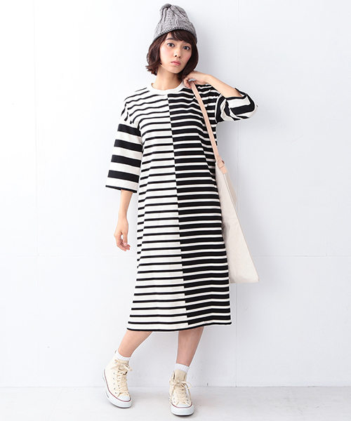 Ray BEAMS(レイビームス)の「Ray BEAMS / ボーダー アシメ キリカエ ワンピース(ワンピース・レディース・オフホワイト/ベージュ・ONE SIZE)」の15枚目の写真