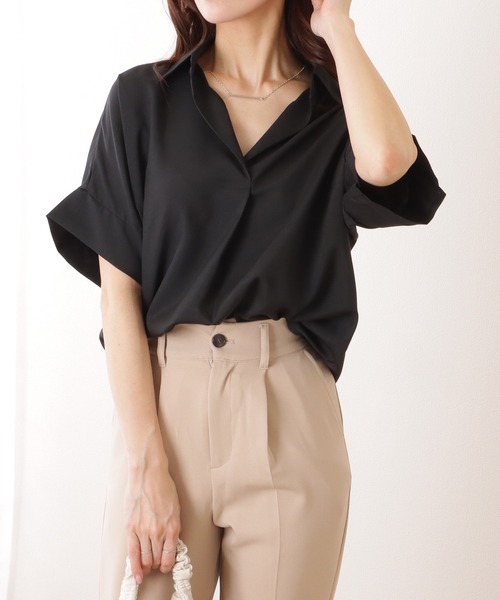 Lace Ladies(レースレディース)の「スキッパーカラー ドルマン 半袖 ベーシック ブラウス(シャツ/ブラウス・レディース・ベージュ/ホワイト/ブラック・S/M/XL)」の4枚目の写真