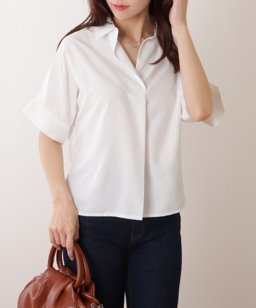 Lace Ladies(レースレディース)の「スキッパーカラー ドルマン 半袖 ベーシック ブラウス(シャツ/ブラウス・レディース・ベージュ/ホワイト/ブラック・S/M/XL)」の19枚目の写真