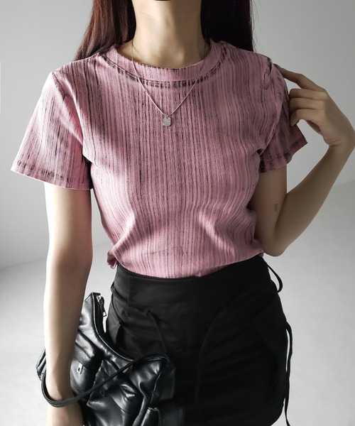 熱販売 3color 】ヴィンテージプリントクロップドリブTシャツ トップス