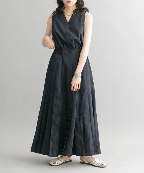 ハンチ綿コットン100%ノースリーブタックワンピース黒ロングワンピースkbf ハンチ綿コットン100%ノースリーブタックワンピース黒ロングワンピースkbf