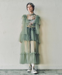 美品 アメリ ロングワンピース 長袖 チュール シアー グリーン カーキ 緑 S Ameri VINTAGE（ワンピース ・ グリーン・カーキ/緑色系）の