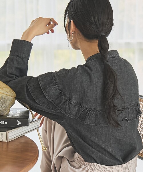 coen（コーエン）の「デニムフリルブラウス（シャツ/ブラウス・レディース・ダークグレー/オフホワイト/コバルトブルー・M/L）」の6枚目の写真