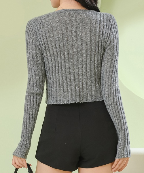 Lace Ladies(レースレディース)の「Vネック レースアップ コンパクト リブ ニット プルオーバー(ニット/セーター・レディース・パープル/ネイビー/グリーン/グレー・FREE)」の10枚目の写真