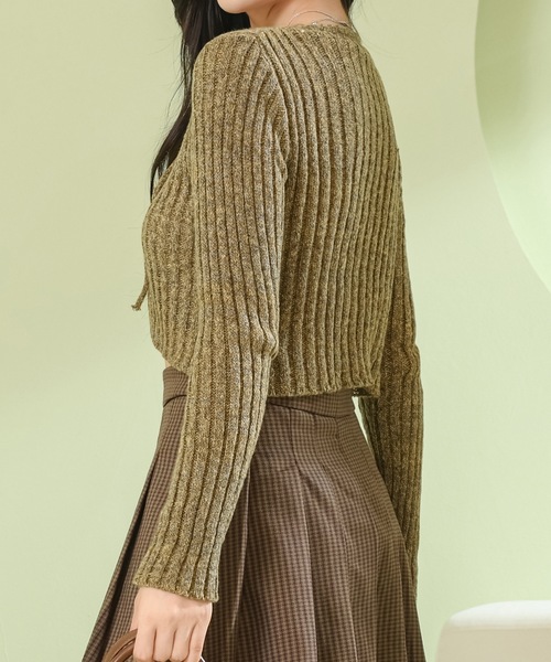 Lace Ladies(レースレディース)の「Vネック レースアップ コンパクト リブ ニット プルオーバー(ニット/セーター・レディース・パープル/ネイビー/グリーン/グレー・FREE)」の14枚目の写真