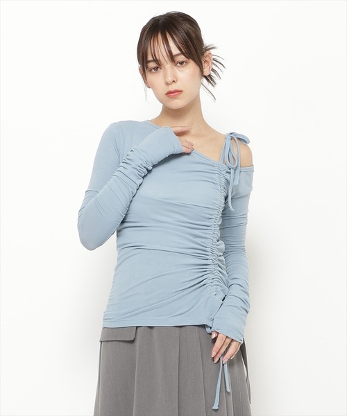 REDYAZEL(レディアゼル)の「シャーリングリボンアシメトップス(Tシャツ/カットソー・レディース・ブラック/オフホワイト/サックスブルー・FREE)」の8枚目の写真
