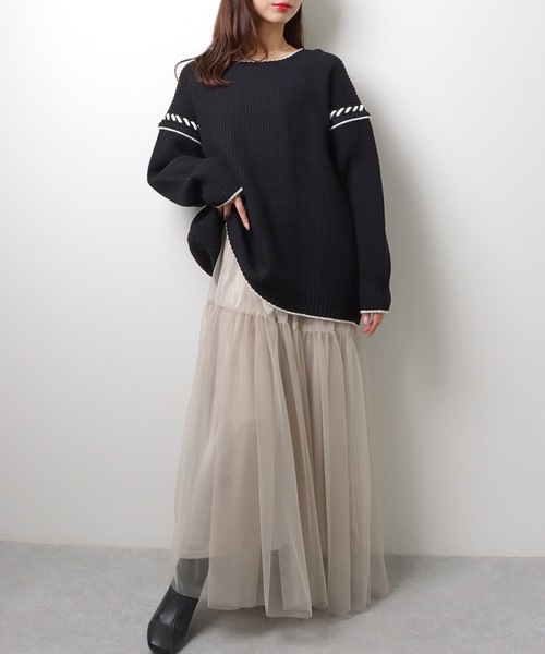 Lace Ladies（レースレディース）の「ラウンド ネック 配色 ライン オーバー ニット プルオーバー（ニット/セーター・レディース・アイボリー/モカ/ブラック・FREE/S）」の7枚目の写真