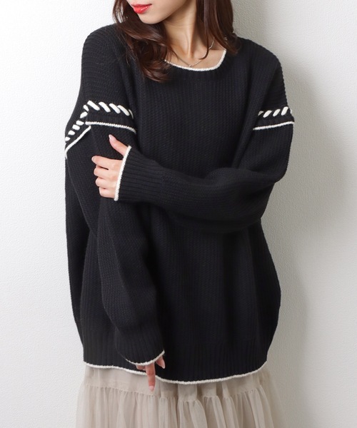 Lace Ladies（レースレディース）の「ラウンド ネック 配色 ライン オーバー ニット プルオーバー（ニット/セーター・レディース・アイボリー/モカ/ブラック・FREE/S）」の8枚目の写真
