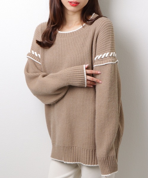 Lace Ladies（レースレディース）の「ラウンド ネック 配色 ライン オーバー ニット プルオーバー（ニット/セーター・レディース・アイボリー/モカ/ブラック・FREE/S）」の9枚目の写真
