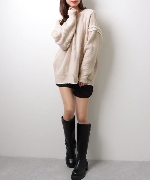セール】ラウンド ネック 配色 ライン オーバー ニット プル