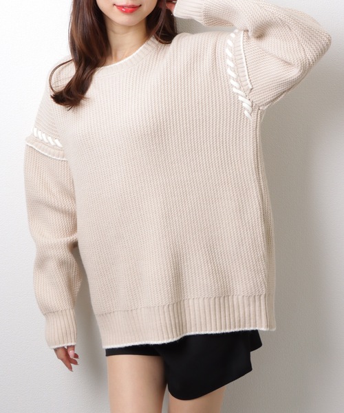 L様 ニットFダークブラウン レースレディース Lace Ladies オーバーサイズケーブルニット