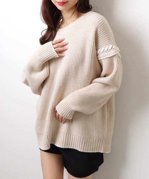 セール】ラウンド ネック 配色 ライン オーバー ニット プル