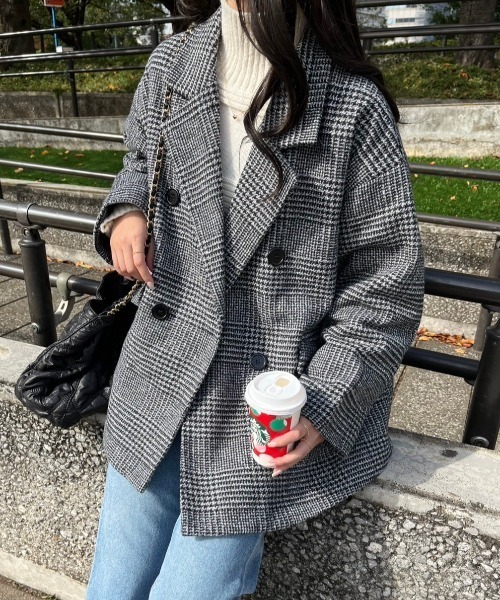 paravion(パラビオン)の「ダブルチェックコート(テーラードジャケット・レディース・ブラウン/グレー・FREE)」の6枚目の写真