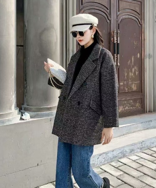 paravion(パラビオン)の「ダブルチェックコート(テーラードジャケット・レディース・ブラウン/グレー・FREE)」の4枚目の写真