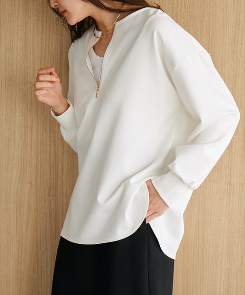 Emma Taylor(エマテイラー)の「ライトダンボールジップキーネックプルオーバー(Tシャツ/カットソー・レディース・ホワイト/ブラック/ライトベージュ・FREE)」の4枚目の写真