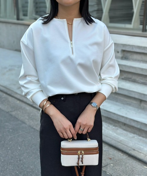 tシャツ ライトダンボールサイドスリットキーネックプルオーバー レディース Emma Taylor tシャツ ライトダンボールサイドスリットキーネック