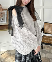 clear | 肩スリットチュールリボンニットトップス[肩見せ　リボン　バルーン袖]≪2024AW新作≫(ニット/セーター)