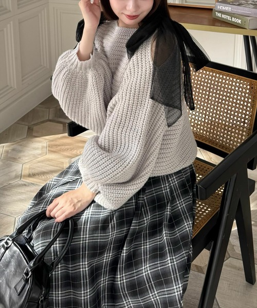 clear（クリア）の「肩スリットチュールリボンニットトップス[肩見せ　リボン　バルーン袖]≪2024AW新作≫（ニット/セーター・レディース・アイボリー/グレー/ピンク・F）」の6枚目の写真