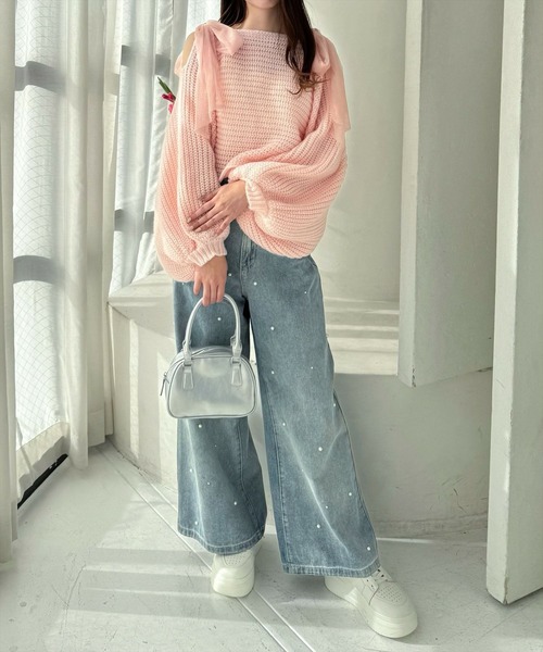 clear（クリア）の「肩スリットチュールリボンニットトップス[肩見せ　リボン　バルーン袖]≪2024AW新作≫（ニット/セーター・レディース・アイボリー/グレー/ピンク・F）」の8枚目の写真