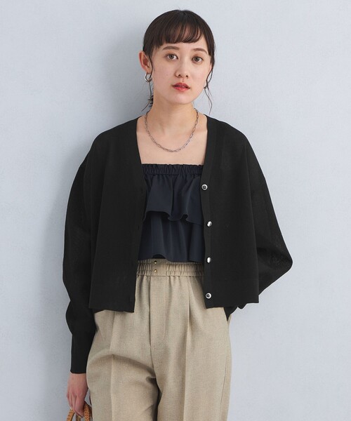 green label relaxing（グリーンレーベルリラクシング）の「パフ シアー ニット カーディガン -ウォッシャブル-（カーディガン/ボレロ・レディース・ブラック/オフホワイト/コバルトブルー・FREE）」の2枚目の写真