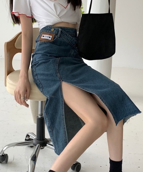 Teem Store(チームストア)の「アシメデザイン スリットデニムタイトスカート(デニムスカート・レディース・ブラック/ブルー/ライトブルー・M/S/L)」の1枚目の写真