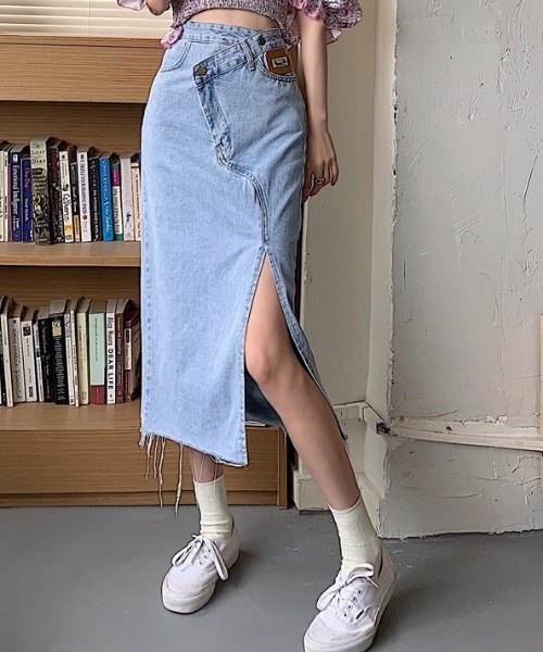Teem Store(チームストア)の「アシメデザイン スリットデニムタイトスカート(デニムスカート・レディース・ブラック/ブルー/ライトブルー・M/S/L)」の14枚目の写真