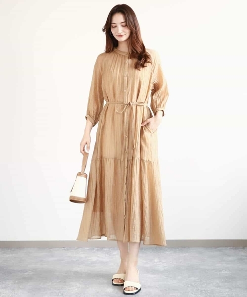MK MICHEL KLEIN（エムケーミッシェルクラン）の「ソフト楊柳ティアードワンピース/洗える（ワンピース・レディース・モカ/イエロー系その他/ライトブラウン・38）」の4枚目の写真