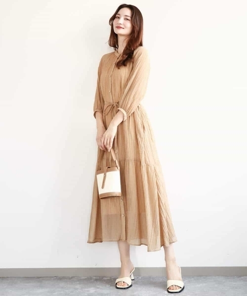 MK MICHEL KLEIN（エムケーミッシェルクラン）の「ソフト楊柳ティアードワンピース/洗える（ワンピース・レディース・モカ/イエロー系その他/ライトブラウン・38）」の5枚目の写真