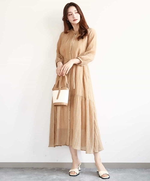 MK MICHEL KLEIN（エムケーミッシェルクラン）の「ソフト楊柳ティアードワンピース/洗える（ワンピース・レディース・モカ/イエロー系その他/ライトブラウン・38）」の6枚目の写真