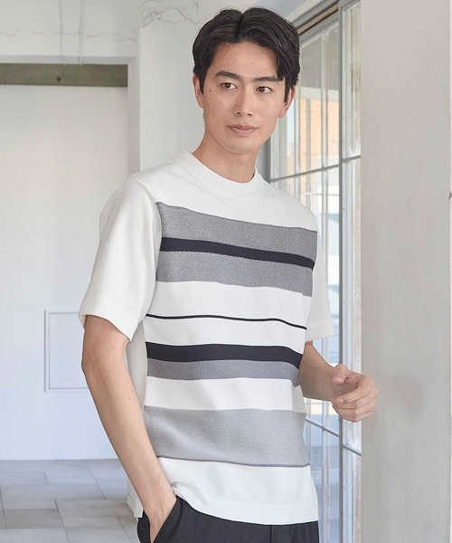 UNION STATION（ユニオンステーション）の「ニット切り替え ボーダー ポンチTシャツ（Tシャツ/カットソー・メンズ・ホワイト/ネイビー/ホワイト系その他・M/L/LL）」の2枚目の写真