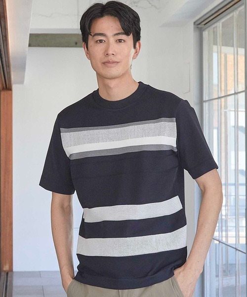 UNION STATION（ユニオンステーション）の「ニット切り替え ボーダー ポンチTシャツ（Tシャツ/カットソー・メンズ・ホワイト/ネイビー/ホワイト系その他・M/L/LL）」の3枚目の写真