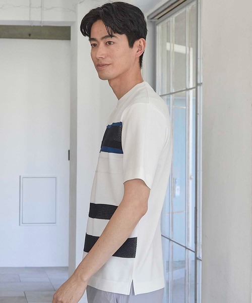 UNION STATION（ユニオンステーション）の「ニット切り替え ボーダー ポンチTシャツ（Tシャツ/カットソー・メンズ・ホワイト/ネイビー/ホワイト系その他・M/L/LL）」の18枚目の写真