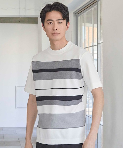 UNION STATION（ユニオンステーション）の「ニット切り替え ボーダー ポンチTシャツ（Tシャツ/カットソー・メンズ・ホワイト/ネイビー/ホワイト系その他・M/L/LL）」の8枚目の写真