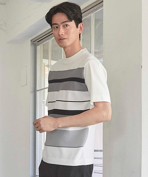 UNION STATION（ユニオンステーション）の「ニット切り替え ボーダー ポンチTシャツ（Tシャツ/カットソー・メンズ・ホワイト/ネイビー/ホワイト系その他・M/L/LL）」の7枚目の写真