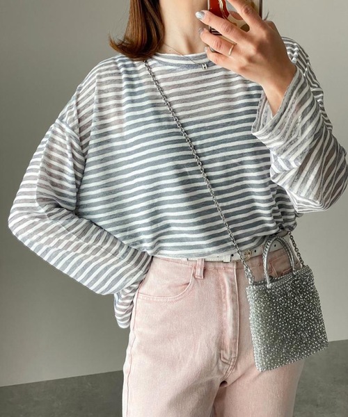 aquagarage(アクアガレージ)の「シアーボーダーカットソー(Tシャツ/カットソー・レディース・ネイビー/ブラック/グレー・M)」の3枚目の写真