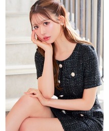 DAZZY（デイジー）の「【豪華ラメツイード】きらめく上品美人に！ラメツイード パールボタン 半袖タイトミニ丈キャバドレス（ドレス）」