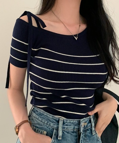 Teem Store(チームストア)の「リボンワンショルダー半袖リブニットT ボーダー 無地(Tシャツ/カットソー・レディース・ネイビー/その他1/その他2/ピンク/サックスブルー/アイボリー・F)」の5枚目の写真