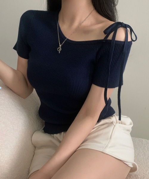 Teem Store(チームストア)の「リボンワンショルダー半袖リブニットT ボーダー 無地(Tシャツ/カットソー・レディース・ネイビー/その他1/その他2/ピンク/サックスブルー/アイボリー・F)」の2枚目の写真