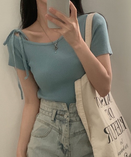 Teem Store(チームストア)の「リボンワンショルダー半袖リブニットT ボーダー 無地(Tシャツ/カットソー・レディース・ネイビー/その他1/その他2/ピンク/サックスブルー/アイボリー・F)」の3枚目の写真