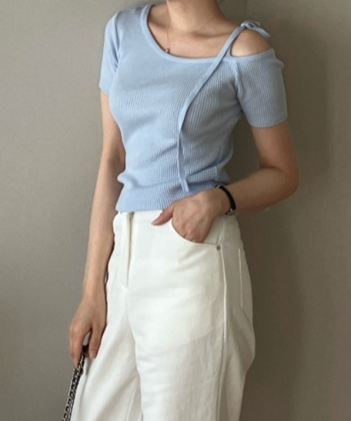 Teem Store(チームストア)の「リボンワンショルダー半袖リブニットT ボーダー 無地(Tシャツ/カットソー・レディース・ネイビー/その他1/その他2/ピンク/サックスブルー/アイボリー・F)」の22枚目の写真